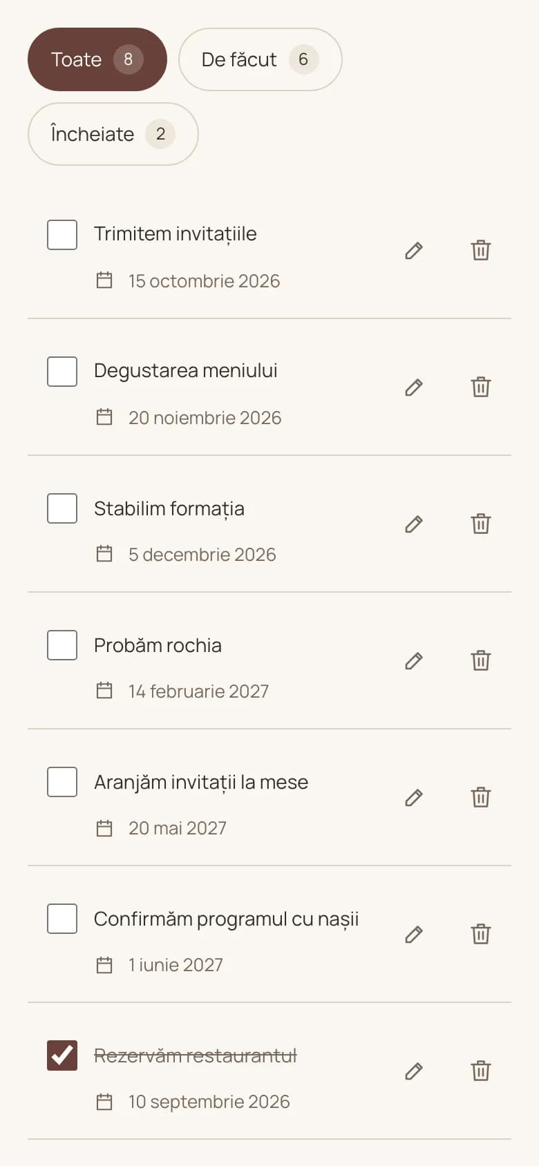 Agenda pregătirilor pe telefon: sarcinile de făcut, fiecare cu termenul ei